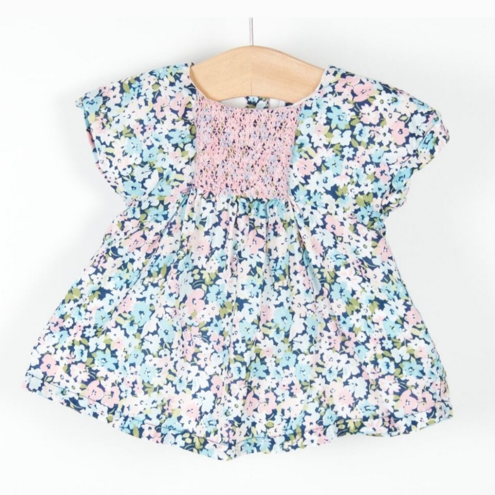 Janie and Jack 2-Piece Floral Smocked Dress & Bloomers Set Blue Pink Size 3-6m